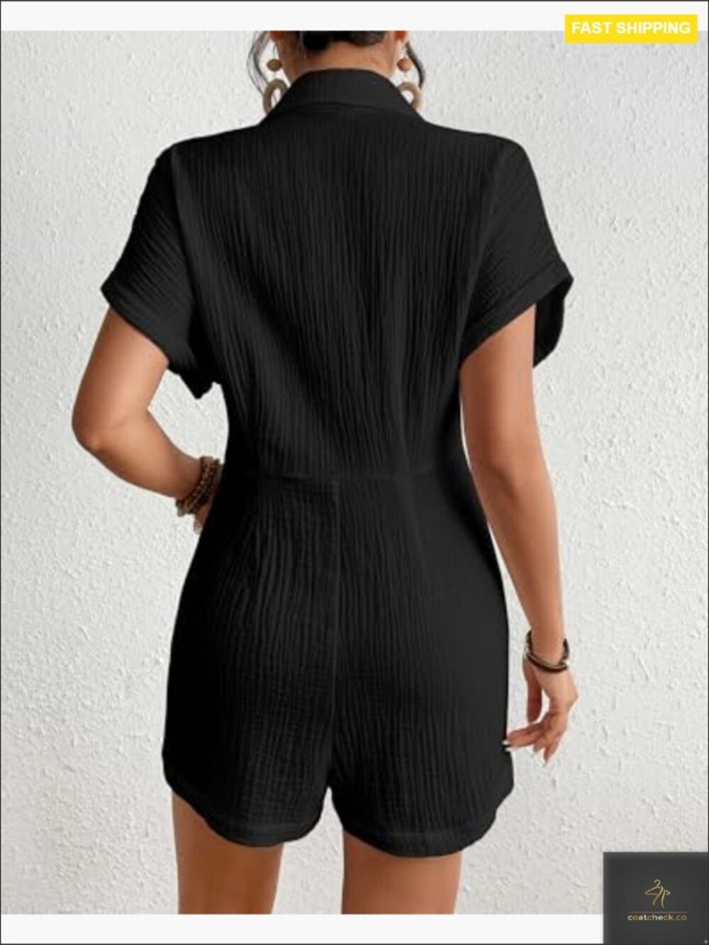 Cotton Button Down Romper Short Sleeve Casual Summer Jumpsuit With Pockets - Picture 4 of 7